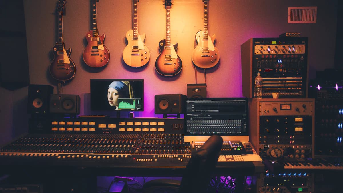 Recording studio with guitars on the wall