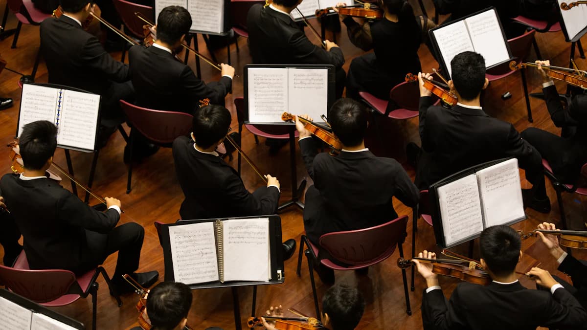 Orchestra reading scores, seen from above