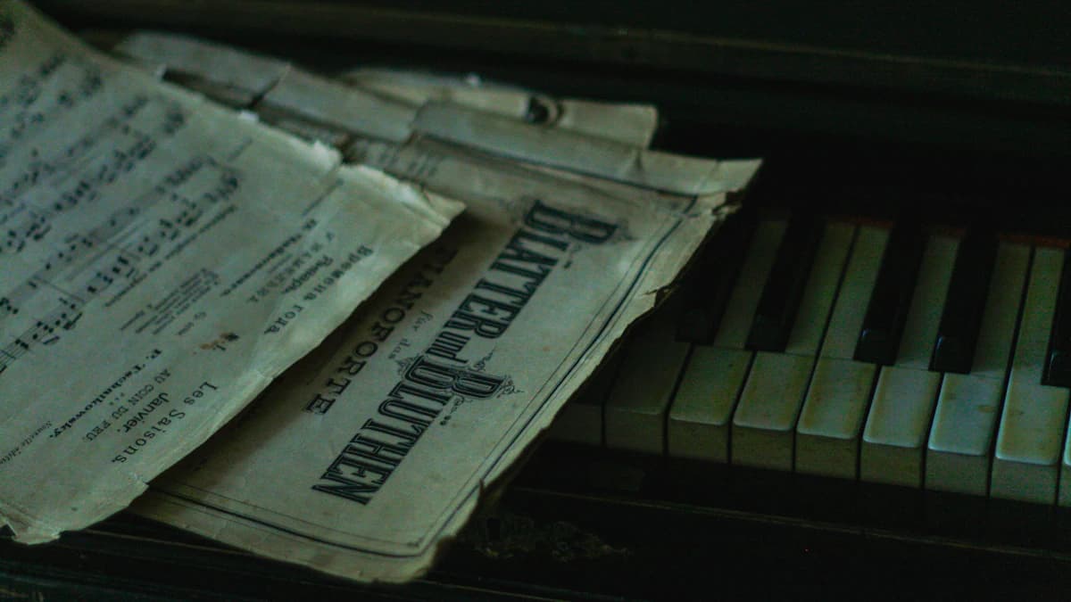Sheet music resting on piano keys