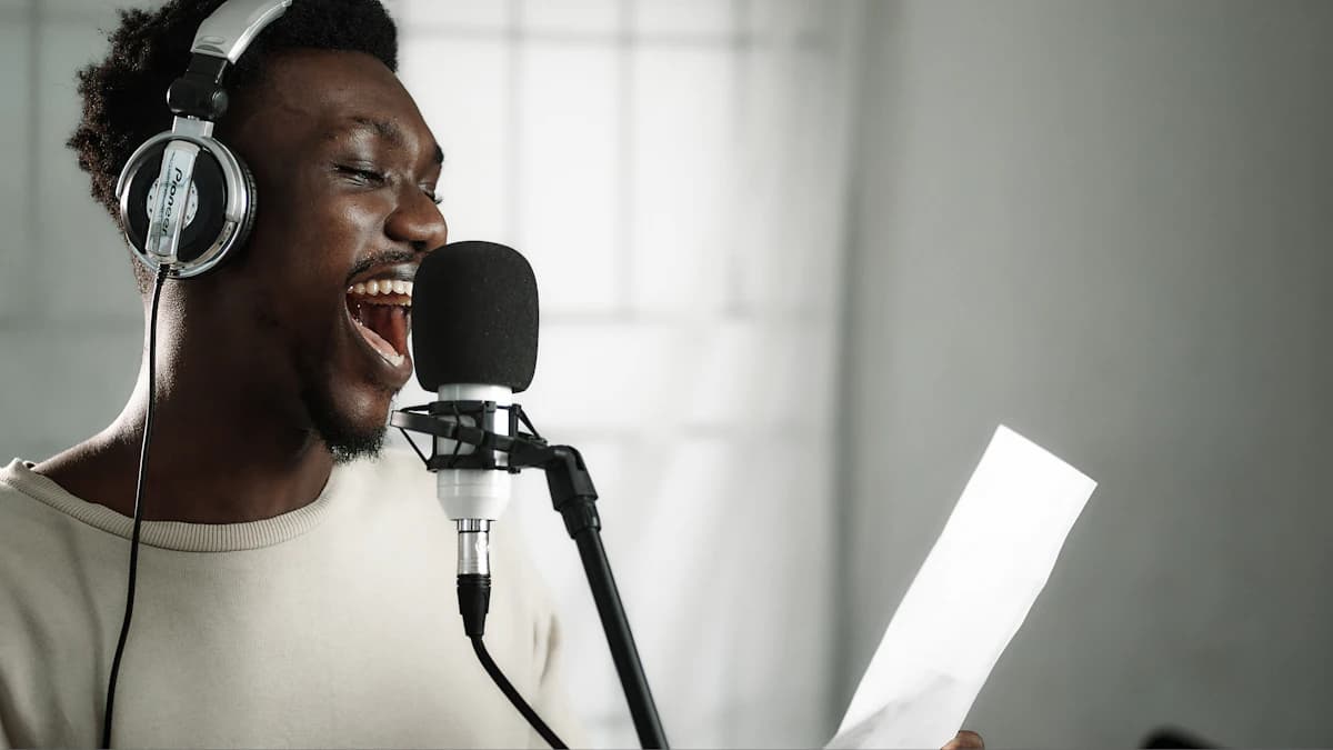 Smiling singer with headphones at a studio microphone